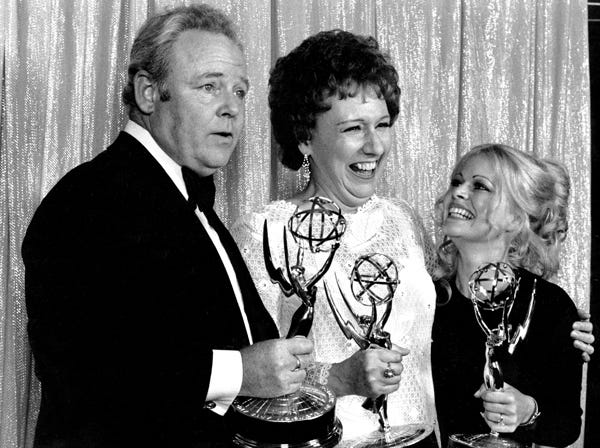 FILE - Cast members of "All in the Family," from left, Carroll O'Connor, Jean Stapleton, and Sally Struthers pose with their Emmys backstage at the 24th annual Emmy Awards in Hollywood, Ca., Sunday night, May 14, 1972. O'Connor and Stapleton won outstanding continued performance by an actor and actress in a leading role in a comedy series. Struthers tied in the category of outstanding performance by an actress in a supporting role in a comedy. Stapleton has died at the age of 90. John Putch said Saturday, June 1, 2013 that his mother died Friday, May 31, 2013 of natural causes at her New York City home surrounded by friends and family. (AP Photo)