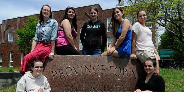 The seniors of Provincetown High School are, clockwise from top left, Mairead Hadley, Caitlyn Adams, Arianna Martinez, Molly Nelson and Kaitlyn Silva, Lydia Legnine and Bezie Legnine. Not photographed is Salena Smith.