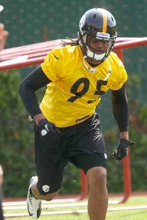 Pittsburgh Steelers linebacker Jarvis Jones (95) takes part in the NFL football practice on Wednesday, May 22, 2013 in Pittsburgh. (AP Photo/Keith Srakocic)