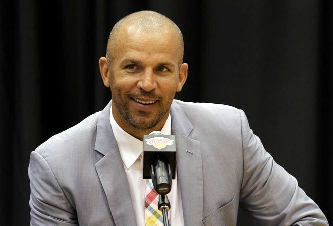 FILE - In this July 12, 2012 file photo, Jason Kidd speaks during a news conference at the New York Knicks training facility in Tarrytown, N.Y. The New York Knicks say Kidd has decided to retire from the NBA after 19 seasons. (AP Photo/Kathy Willens, File)