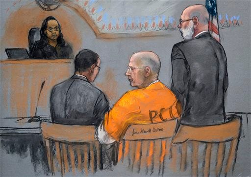 A courtroom sketch depicts James "Whitey" Bulger, center, during a pretrial conference before U.S. District Judge Denise Casper, left rear, in a federal courtroom in Boston Monday, June 3, 2013. Bulger is flanked by his attorneys Henry Brennan, left, and J.W. Carney Jr., standing at right. Jury selection begins Tuesday for Bulger's trial.