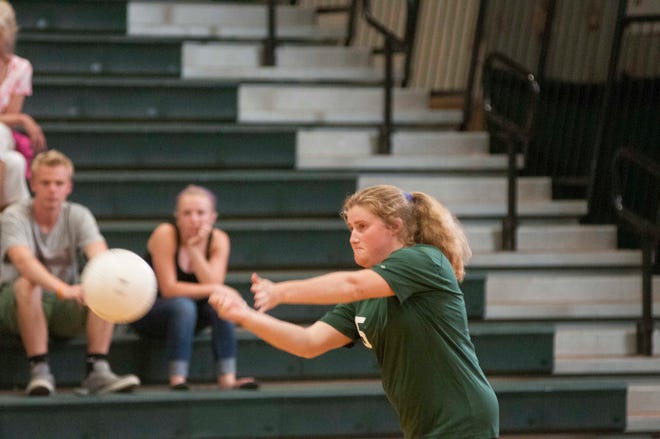 Dover’s Meghan Wotton serves to Laconia during the Unified Volleyball Tournament Monday in Dover. Dover won, 3-0.