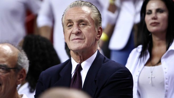 Miami Heat President Pat Riley watches the trophy presentation Monday night after his team’s victory in the conference finals. But for the Big 3 version of the Heat, winning means winning everything, and that includes the NBA Finals, which begin Thursday. (Bill Ingram/Palm Beach Post)