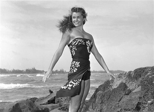 FILE - This May 1950 file publicity photo originally released by Metro-Goldwyn-Mayer shows Esther Williams on location for the film "Pagan Love Song. According to a press representative, Williams died in her sleep on Thursday, June 6, 2013, in Beverly Hills, Calif. She was 91.