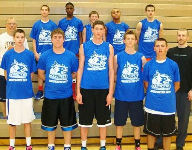 The Doylestown Elite ninth-grade boys basketball team went undefeated to win the Somerset Slam. Team members include (front row, from left) Tiemo Fenner, A.J. Treon, Blake Peterson, Troy Thierolf, Luke Irons and coach Tyler Thierolf. In the second row are coach Larry Thierolf, Billy Power, Alex Baker, Jack Wheatley, Malcolm Butts and Alex Gibson. Chris Hones, Shane Harrison and coach Pat Harrison are missing from the photo.