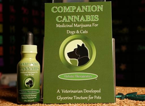 Companion Cannabis, by Holistic Therapeutics, a Marijuana medicinal tincture for dogs and cats is seen at La Brea Compassionate Caregivers, a medical marijuana dispensary in Los Angeles Thursday, May 30, 2013. Stories abound about changes in sick and dying pets after they've been given marijuana. There is a growing movement, led by Los Angeles veterinarian Doug Kramer, to make it more widely available. Others, however, urge caution until there's better science behind it.
