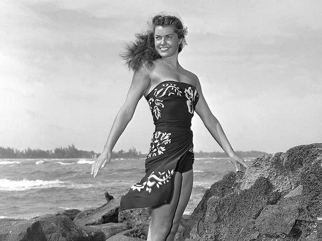 This May 1950 file publicity photo originally released by Metro-Goldwyn-Mayer shows Esther Williams on location for the film "Pagan Love Song. According to a press representative, Williams died in her sleep on Thursday, June 6, 2013, in Beverly Hills, Calif. She was 91.