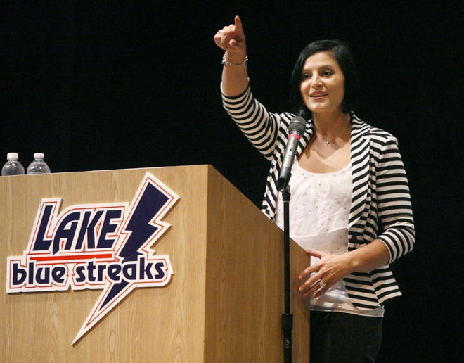 Gold Medalist Dominique Moceanu speaks about her time as an Olympian and discusses the personal trials she faced off the mat during a special presentation at Lake Community Branch Library June 3.