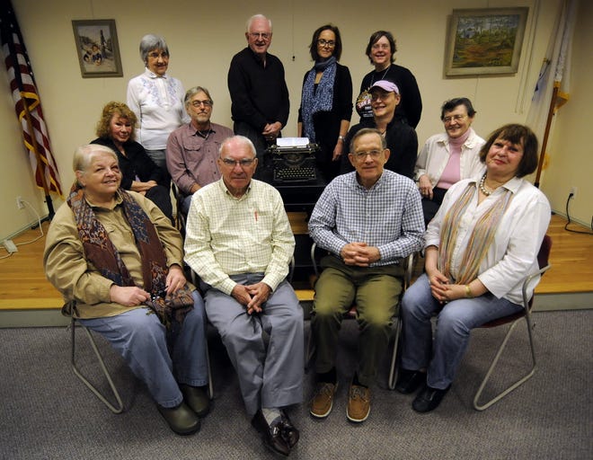 This writing group meets at Brooks Free Library in Harwich each week to critique each other's work. Photographed are, bottom row, left to right, Elizabeth Moisan of Harwich, Ed Coffier of East Dennis, Ted Shrady of Orleans and Francise Webb of Dennis; middle row, left to right, Barbara Leedom of South Yarmouth, Rick Fordyce of Harwich Port, Rachel Crosby of Harwich Port and Jeanne Savage of South Dennis; back row, left to right, Marge Frith of Harwich, Finbarr Corr of Dennis, Stephanie Reeve of Yarmouthport and Claudia Dillaire of Harwich.