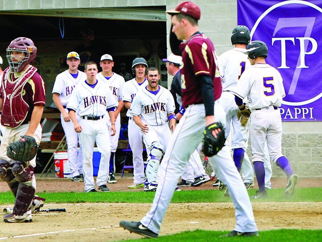 Marshwood players celebrate after scoring two runs against Thornton Academy in the fifth inning of Thursday’s Western Maine Class A quarterfinal playoff game in South Berwick.