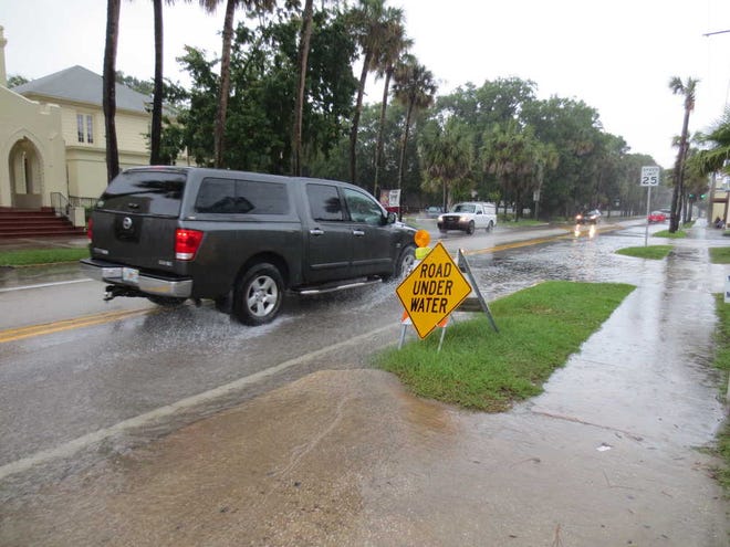 A truck drives through a puddle on King Street in St. Augustine on Thursday, June 6, 2013. Storms from Tropical Storm Andrea caused minor flooding in downtown and other parts of St. Johns County. Widespread areas of St. Johns County received 1 to 2 inches of rain, and northern parts of the county received 2 to 3 inches of rain on Thursday, according to National Weather Service Meteorologist Jason Hess. By SHELDON GARDNER, sheldon.gardner@staugustine.com
