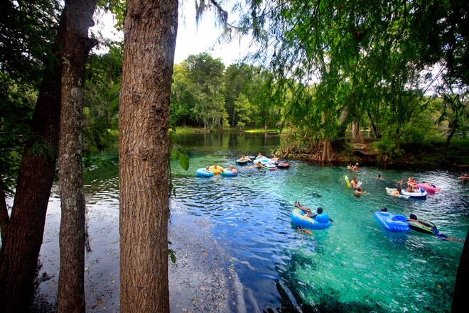 Ginnie Springs flows into the Santa Fe River, a common tubing run. The High Springs fun-in-the-sun destination offers swimming, snorkeling, river tubing, scuba diving, cave diving, canoeing, kayaking, camping and volleyball.