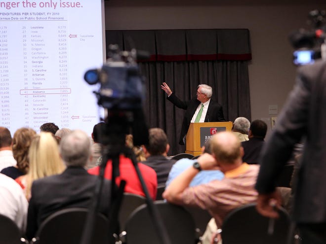 Public Affairs Research Council of Alabama director Jim Williams speaks about the state of Alabama schools during the Chamber of Commerce of West Alabama's annual State of the Schools address Thursday.