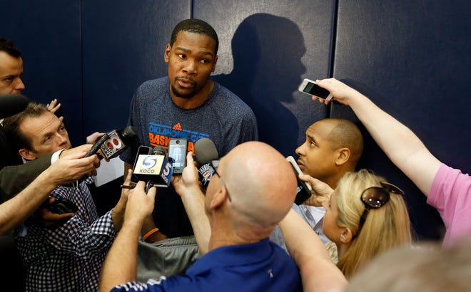 NBA BASKETBALL: Kevin Durant speaks with the media after practice for the Oklahoma City Thunder at the FedExForum in Memphis, Tenn., Sunday, May 12, 2013. The Thunder will play the Memphis Grizzlies in Game 4 of their second-round NBA playoff series on Monday. Photo by Nate Billings, The Oklahoman