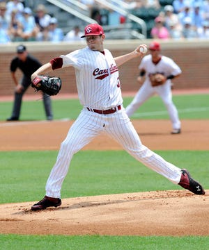 South Carolina starting pitcher Jordan Montgomery pitched a four-hitter as the Gamecocks averted elimination Sunday.