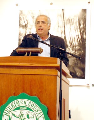 Guest speaker John Zogby of Zogby Analytics is seen speaking at Herkimer County Community College during the Executive Breakfast on Monday morning sponsored by the Herkimer County College Foundation and Community Foundation of Herkimer, Oneida and Eastern Madison Counties.