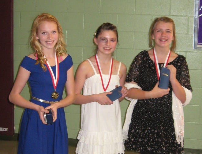 Rochester Middle School recently held their annual talent show. The winners were Kari Tewell, third place; Peaslee Garland, second place; and AJ Tapley, first place.