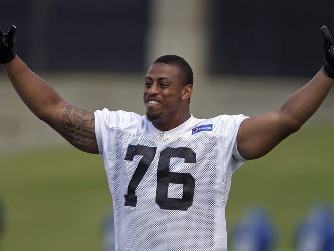 Carolina’s Greg Hardy reacts during minicamp on Tuesday.