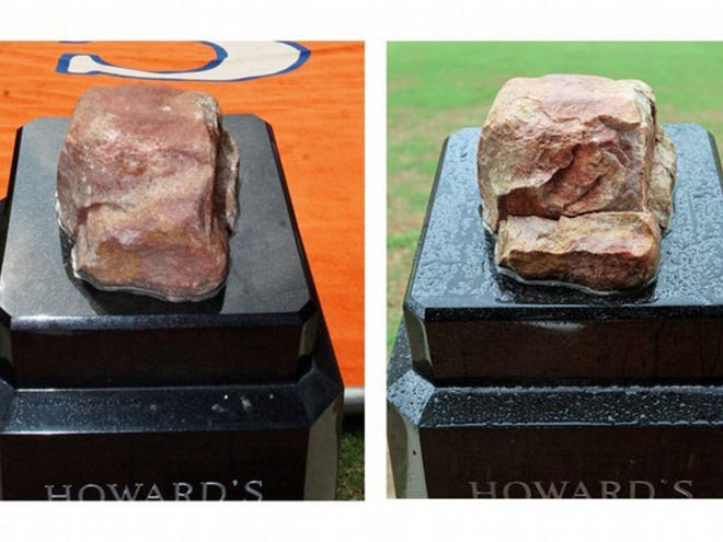 Before and after photo of the damage to Howard's Rock in Clemson.