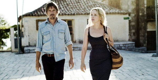 This undated publicity photo released by Sony Pictures Classics shows, Ethan Hawke, left, and Julie Delpy, in a scene from the film, "Before Midnight," directed by Richard Linklater.