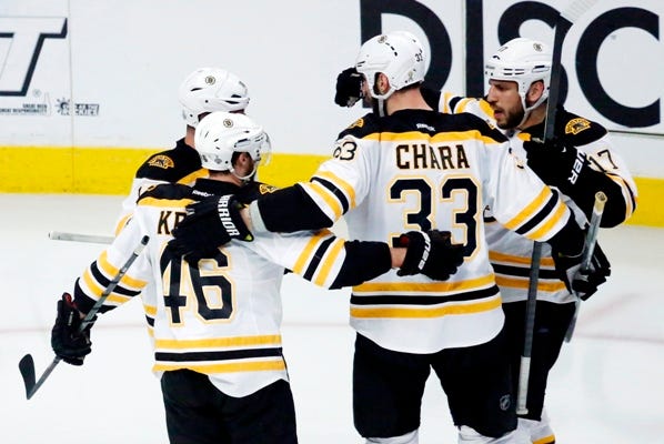 Boston Bruins left wing Milan Lucic, right, celebrates with his teammates after scoring his second goal during the second period of Game 1 in their NHL Stanley Cup Final hockey series against the Chicago Blackhawks, Wednesday, June 12, 2013 in Chicago. After being ahead 3-1, the Bruins lost to the Blackhawks 4-3 in triple overtime. Game 2 of the Stanley Cup Championship starts at 8 p.m. Saturday.