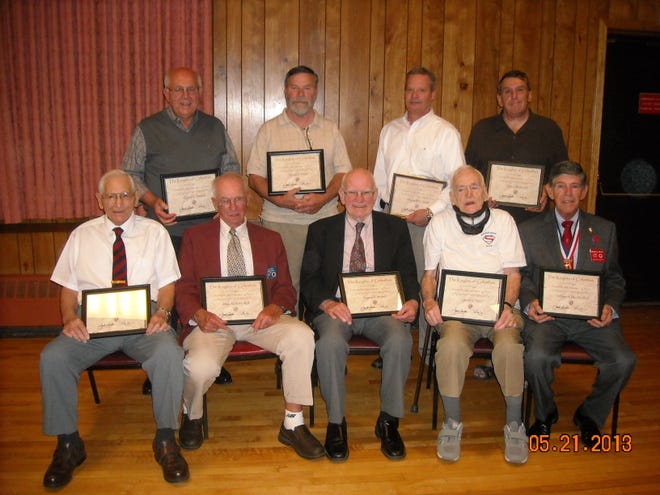 Wakefield Knights of Columbus honorees included, seated left to right, 50 year members Louis A. Sassano, PGK James M. Scott, Eugene V. Mooney, Charles J. Fucci (of Stoneham) and PGK William H. Dee, III. Standing, 25 year members Donald L. Timmins, Thomas F. Walsh, Christopher J. Gordon and GK John J. Roche. Photo courtesy Bob Curran.