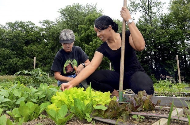 Sister Lyn Szymkiewicz, left, and Karli Matthews of Baden work in one of the community gardens on the grounds of the Sisters of St. Joseph in Baden.