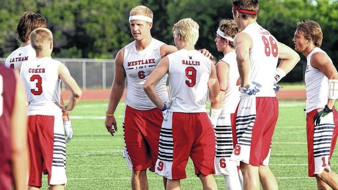Westlake quarterback Jordan Severt talks to his team during 7on7 league play June 11 at Dripping Springs. Severt recently committed to play football at SMU after graduation.