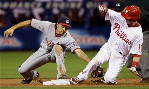 Philadelphia Phillies' Michael Young, right, slides into second base for a double past the tag from Washington Nationals second baseman Anthony Rendon in the seventh inning of a baseball game, Tuesday, June 18, 2013, in Philadelphia. Philadelphia won 4-2. (AP Photo/Matt Slocum)