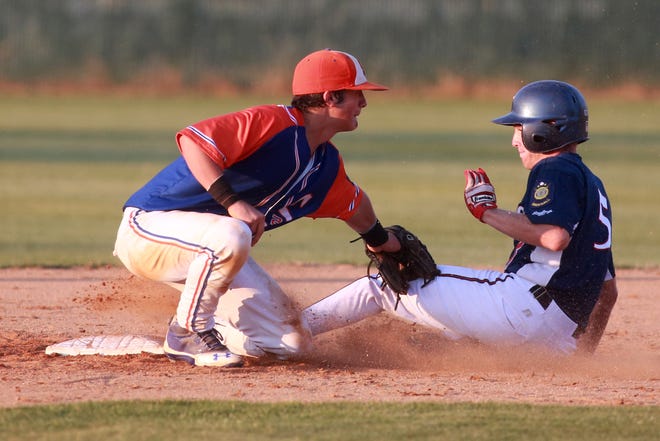 Shelby second baseman Cody Fitch tags out Cherryville's Josh Beam attempting to steal on Wednesday night. Fitch had nine assists and two hits in the game.