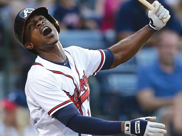 Atlanta’s B.J. Upton reacts after striking out against the New York Mets during Thursday’s game.
(John Bazemore | Associated Press)