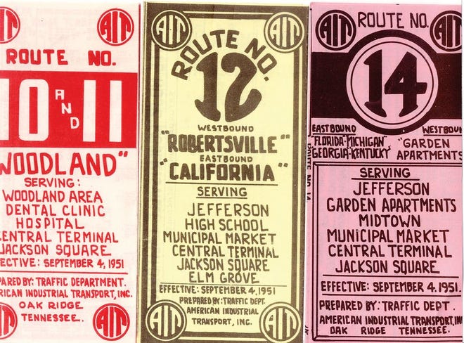 Pictured are early ’50s-era trifold pamphlets offering information on The Secret City’s extensive bus system of the day.