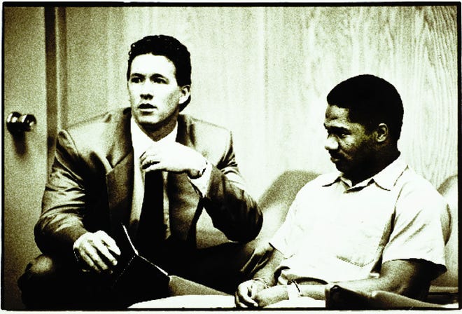 James Mackey in court with his lawyer during a preliminary hearing in Lodi on July 10, 1989.