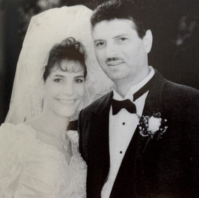 A wedding photo of Michelle and Christopher Liggio that was on Michelle Liggio’s page in the UMDNJ School of Osteopathic Medicine 1993 yearbook