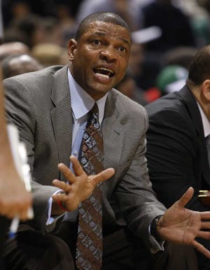 Boston Celtics' Doc Rivers reacts to a call during the first half of an NBA basketball game against the Milwaukee Bucks, Sunday, March 15, 2009, in Milwaukee. (AP Photo/Morry Gash)