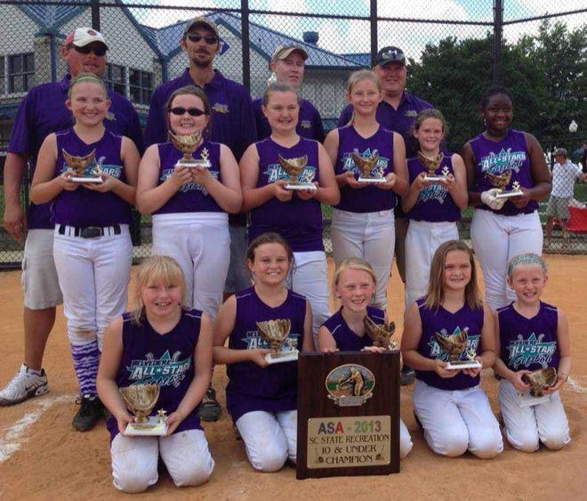 THE BELVEDERE GIRLS FAST PITCH 10U TEAM WON THE DISTRICT ALL-STAR TOURNAMENT IN NORTH AUGUSTA AND WON THE STATE ALL-STAR TOURNAMENT RECENTLY HELD IN AIKEN. THE TEAM WAS UNDEFEATED IN BOTH TOURNAMENTS. TEAM MEMBERS: (BOTTOM ROW FROM LEFT) KOURTNEY PEEL, LAUREL WALL, HAILEIGH FEAGIN, ABBY FORREST, ANNABEL HURST; (MIDDLE ROW FROM LEFT) EMILY HUTCHINS, MALLORY SKINNER, BAYLEE BURCKHALTER, BRIANNA WALDEN, KATIE SMITH AND SHIOLIN RAIFORD. COACHES ARE (BACK ROW FROM LEFT) TIMMY FEAGIN, JAMIE WALDEN, PETE SMITH AND JACOB COURTNEY. SPECIAL
