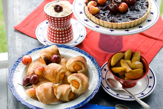 From top clockwise, cherry pie, blaized pippins (apples), apricot puffs, and custard, are shown.