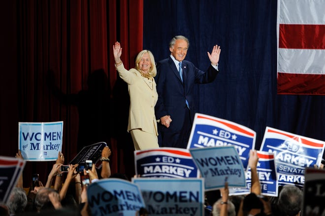 Newly elected United States Senator Edward Markey is seen here along with his wife Susan Blumenthal as they wave to the crowd as they make their way onto the stage during the Edward Markey Election Campaign party held at the Boston Park Plaza Hotel after his election win on Tuesday, June 25 2013.