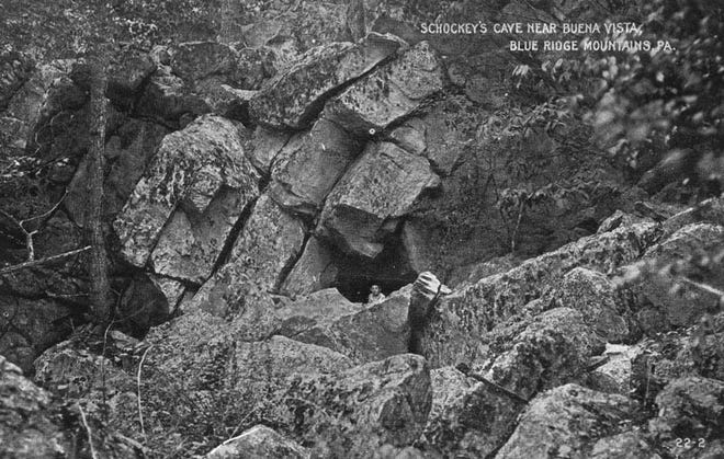 This is an early 20th-century postcard view of the cave that reportedly was used by Valentine Shockey and his band of outlaws used as a hideout. The Shockey counterfeiting ring that operated in the Antietam country during Revolutionary War times will be the subject of the next Potomac Street Irregulars meeting.
