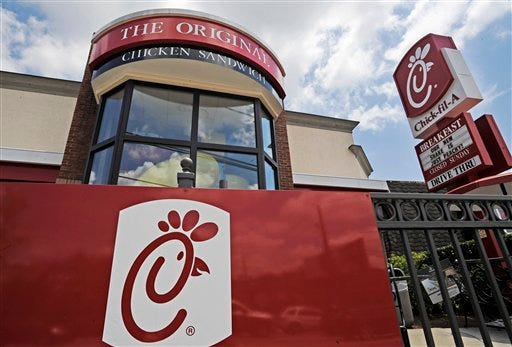 FILE - This Thursday, July 19, 2012 file photo shows a Chick-fil-A fast food restaurant in Atlanta. (AP Photo/Mike Stewart, File)