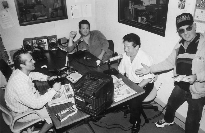 From left, the crew of the "Marciano-Tartaglia Sports Talk Show" are shown in the early 2000s in their former studio on Main Street. From left are Peter Marciano, Rico Tartaglia, Hank Tartaglia and Roger "Pit" Perron. The show is back on WXBR 1460 a.m. Fridays from 5 to 7 p.m., broadcast from new studios on Belmont Street.