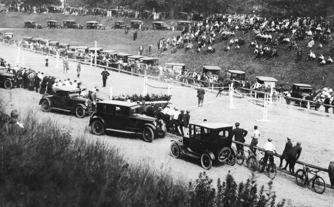 Army mounts hurdle races, Roger Williams Park speed track, July 20 1924. The track was usually used for harness racing.