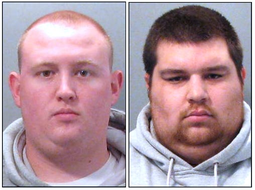 Two suspects, Brandon T. Morrison, 21, of Tabernacle (left) and Jonathan L. Hinshaw, 24, of Voorhees, charged with using forging checks to steal funds from the Pemberton First Aid and Emergency Squad and order equipment for personal use.