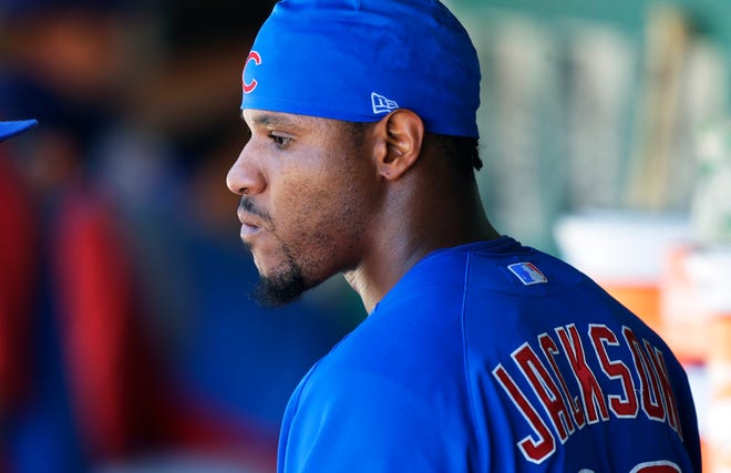 Chicago Cubs starting pitcher Edwin Jackson is shown in the dugout during a baseball game against the Seattle Mariners, Sunday, June 30, 2013, in Seattle. (AP Photo/Ted S. Warren)