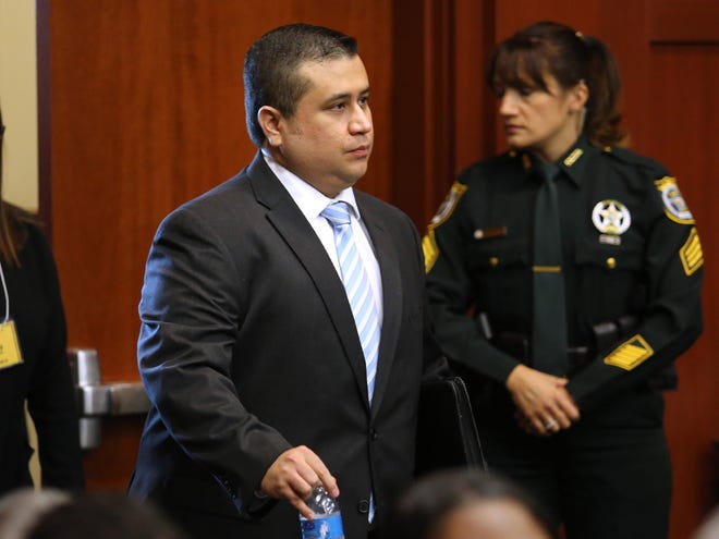George Zimmerman arrives for the 16th day of his trial in Seminole circuit court in Sanford on Monday. Zimmerman has been charged with second-degree murder for the 2012 shooting death of Trayvon Martin.