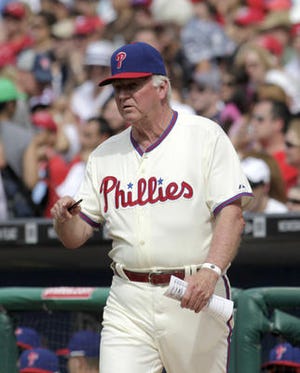 Philadelphia Phillies Manager Charlie Manuel reacts in the eighth inning of the MLB National League baseball game against the Milwaukee Brewers Sunday, June 2, 2013, in Philadelphia. The Phillies won 7-5. (AP Photo/H. Rumph Jr)