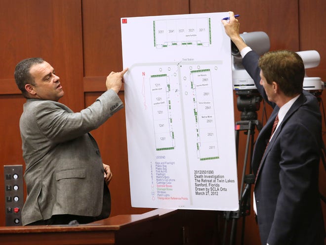 Defense attorney Mark O'Mara, right, questions Sanford, Fla., police officer Chris Serino during the George Zimmerman trial in Seminole circuit court, Tuesday, July 2, 2013 in Sanford. Zimmerman has been charged with second-degree murder for the 2012 shooting death of Trayvon Martin.