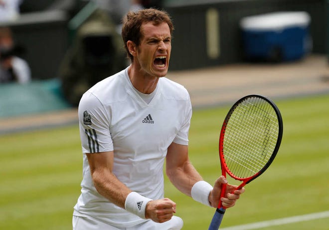 Andy Murray of Britain reacts after winning a point against Fernando Verdasco of Spain during their Men's singles quarterfinal match at the All England Lawn Tennis Championships in Wimbledon, London, Wednesday, July 3, 2013. (AP Photo/Jonathan Brady)