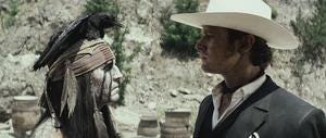 Johnny Depp as Tonto and Armie Hammer as The Lone Ranger.