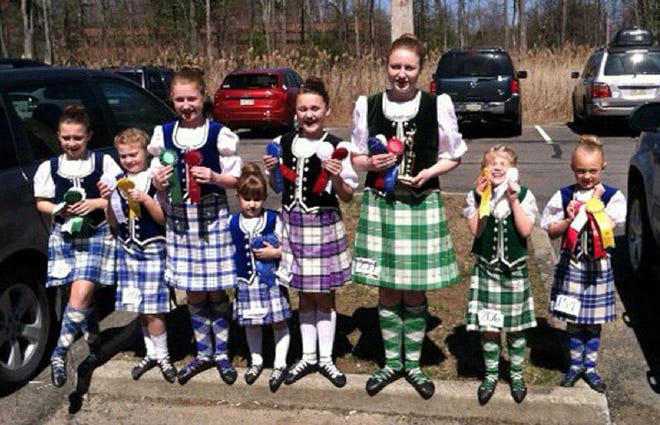 Members of the Pocono Highland Dance Academy pose for a picture after competing at the Bonnie Brae Highland Games in Liberty Corner, N.J. Pictured from left are: Carly Ammerman, Elspeth Fiedler, Megan Green, Cailin Mignosi, Makayla Hartzell, Danielle Green, Ana Fiedler and Elizabeth Eberz.